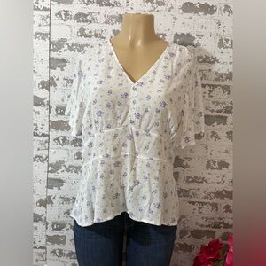 LOFT White and Purple Floral V-Neck Blouse